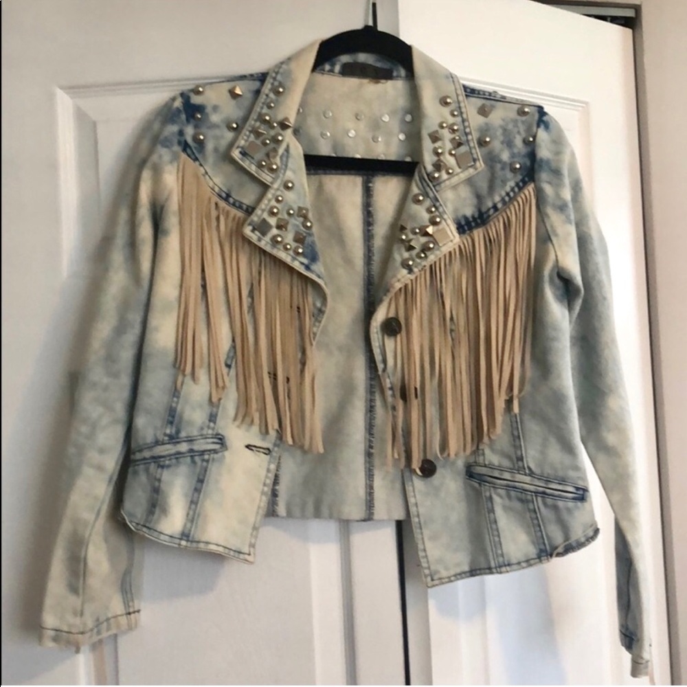 Blue jean jacket with fringe & studs